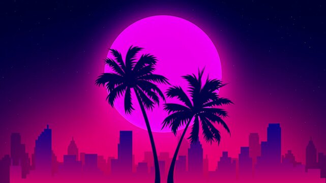 Retro synthwave landscape with palm trees and sunset skyline.