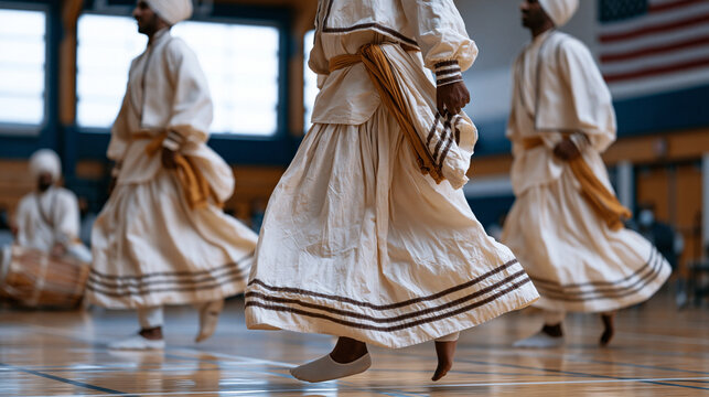 Bhangra dance troupe rehearsing on a community center stage, preparing for a mainstream multicultural arts festival performance, dhol drummer in the corner, costumes