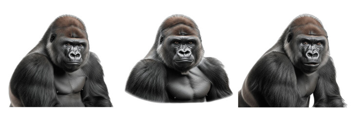 Silverback Gorilla Portrait Set Isolated on White Background PNG. Three Powerful Male Gorilla Head and Shoulders Clipart Options. Jungle Wild Animal Elements for Mascot Design, Wildlife Posters, and Z © charline
