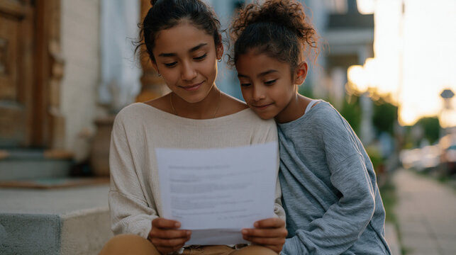 A young DACA recipient receives her community college acceptance letter while seated on her apartment steps in September, a younger sibling leaning over her shoulder to read it,