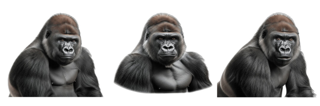 Silverback Gorilla Portrait Set Isolated on White Background PNG. Three Powerful Male Gorilla Head and Shoulders Clipart Options. Jungle Wild Animal Elements for Mascot Design, Wildlife Posters, and Z