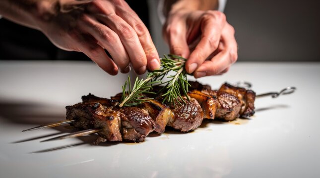 Chef garnishing grilled meat skewers with fresh rosemary