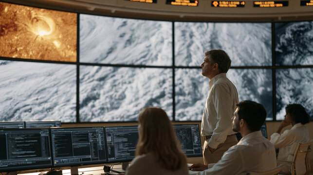 Space weather monitoring center where solar physicist team analyzes real time coronal mass ejection data flowing across curved wall of atmospheric displays while alert indicators