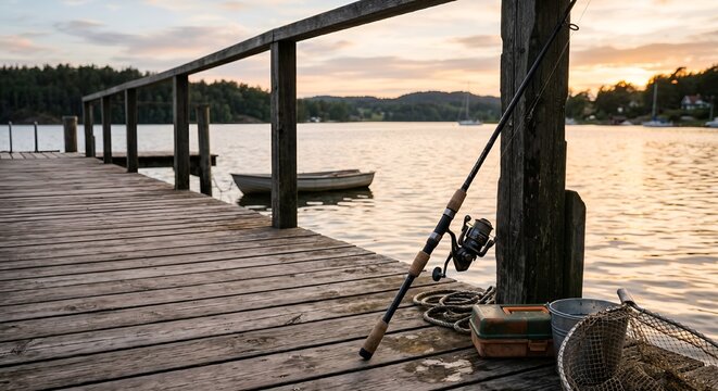 Fishing rod and gear resting on wooden dock at sunset  