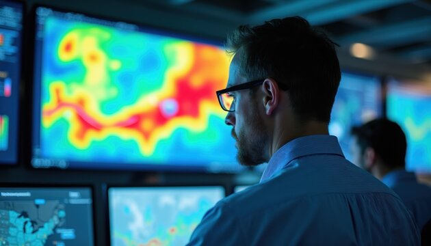 Man in glasses watches large screen with colorful weather map data in command center. Team monitors global climate changes and forecasts at night.