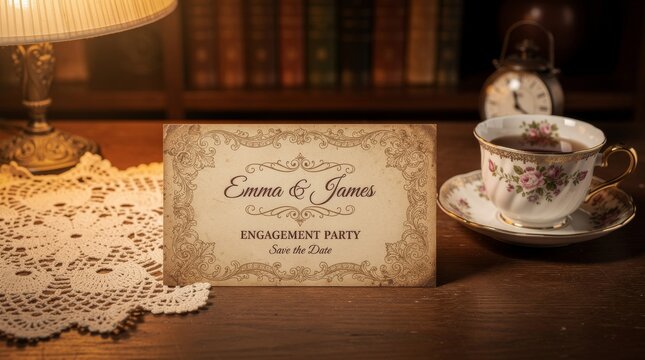 Engagement Party Invitation for Emma & James with Ornate Vintage Design
