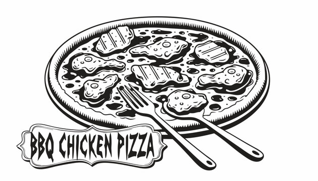 Very beautiful black-and-white engraved vector illustration featuring BBQ CHICKEN PIZZA with grilled chicken pieces, barbecue sauce, melted cheese, and decorative label reading "BBQ CHICKEN PIZZA".