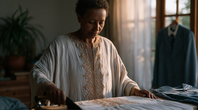 Ethiopian immigrant mother ironing a traditional habesha dress beside a school uniform laid out for the next morning, two worlds visible in a single bedroom, cultural assimilation