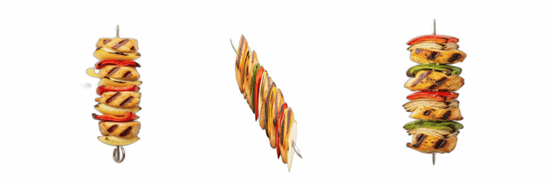 Grilled chicken skewers and shish kebab with vegetables isolated on transparent background. Realistic BBQ meat, pepper, onion grill set, restaurant food barbecue graphic asset, hot culinary dinner coo