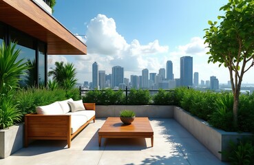 Obraz premium Modern rooftop terrace with wooden furniture and green plants offers city skyline view. Comfortable sofa and table on sunny patio overlook downtown buildings. Relaxing outdoor space in urban setting.