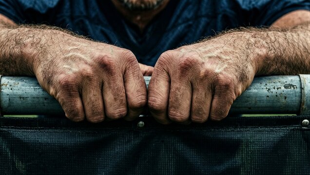 Extreme close-up of weathered and calloused hands resting on a metal railing
