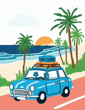 summer road trip scene with a camper van driving along a scenic coastal highway with surfboards stra