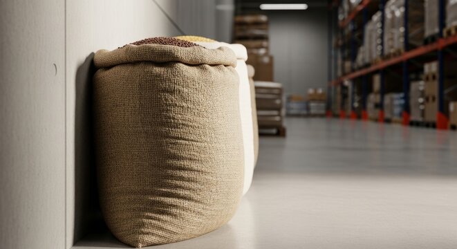 Burlap sacks filled with grains lean against a concrete wall in a modern warehouse, showcasing organized storage and abundance.