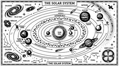 SEO Title: Hand Drawn Solar System and Space Vector Set Planets Galaxy Engraving Illustration Isolated on White © Fatik