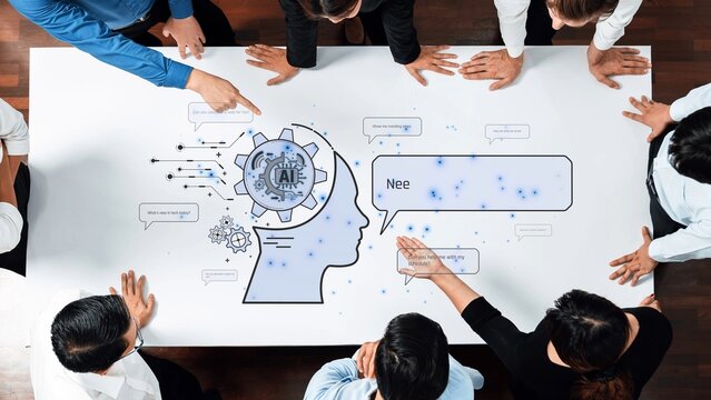 A diverse team collaborates over a table, analyzing creative ideas related to artificial intelligence and innovation, fostering discussions to spark new insights. Raster