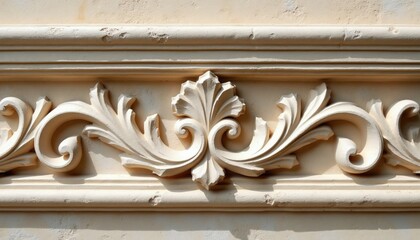 Obraz premium Ornate stucco border on light yellow wall. Architectural detail features acanthus leaves and scrolls. Classic design element for facade ornamentation.