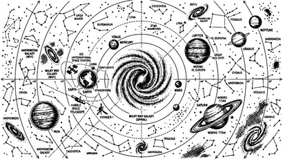 SEO Title: Solar System Planets Space Vector Illustration Hand Drawn Engraving Style Galaxy Celestial Scene Isolated on White © Fatik