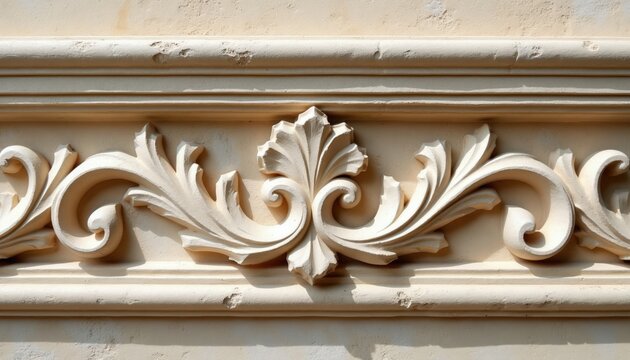 Ornate stucco border on light yellow wall. Architectural detail features acanthus leaves and scrolls. Classic design element for facade ornamentation.