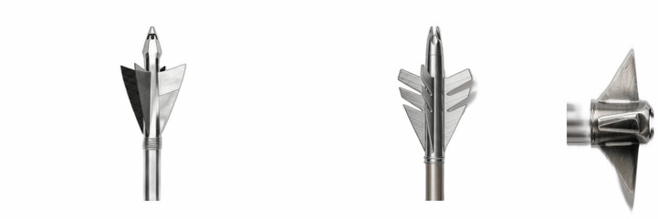 Mechanical archery broadheads and steel arrow tips isolated on transparent background. Sharp metal hunting arrowhead set, cross bow weapon points graphic asset for outdoor shooting target sport equipm © charline
