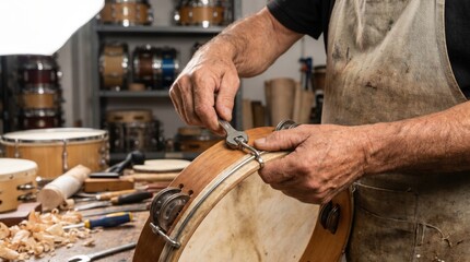 Obraz premium Instrument maker using a small wrench to adjust the tension rings on a wooden percussion drum