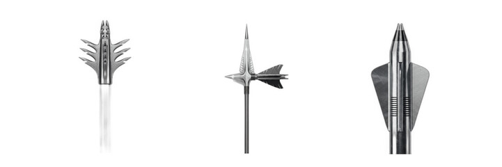 Mechanical archery broadheads and metal hunting arrow tips isolated on transparent background. Sharp steel crossbow weapon points set, tactical shooting target sport gear, bow hunting equipment graphi © charline