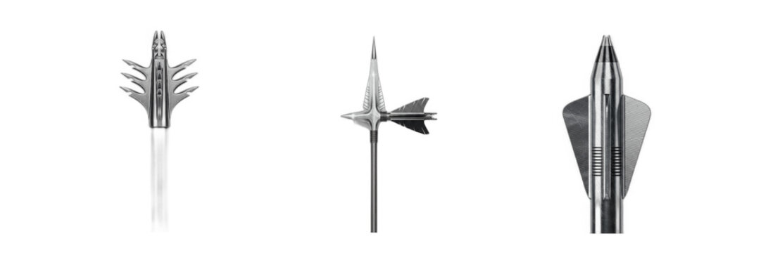 Mechanical archery broadheads and metal hunting arrow tips isolated on transparent background. Sharp steel crossbow weapon points set, tactical shooting target sport gear, bow hunting equipment graphi