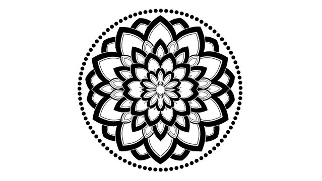 Simple Black and White Circular Mandala with Dotted Border on Isolated White Background