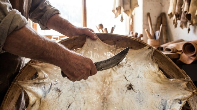 Artisan scraping animal hide with a curved knife on a wooden hoop to make traditional parchment