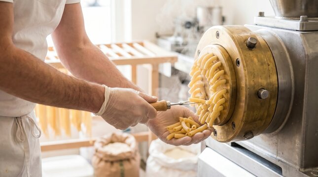 Chef using a commercial brass pasta extruder machine to cut fresh raw macaroni in a kitchen