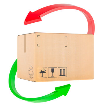 Product return concept, cardboard box with circular arrows. 3D rendering