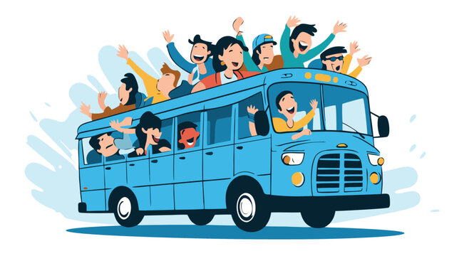 Happy Passengers Waving From Blue Bus