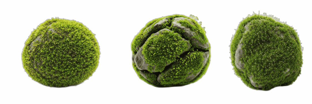 Green mossy rocks and round decorative moss balls isolated on transparent background. Realistic forest moss spheres set for digital art, terrarium garden design element, nature graphic asset, eco frie