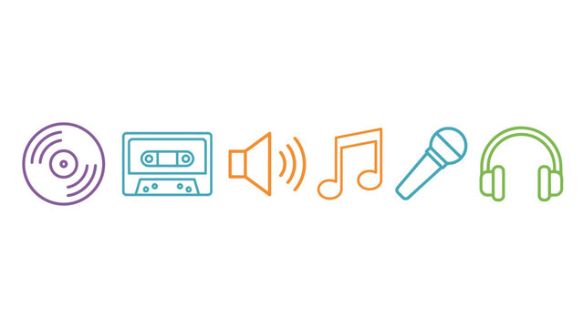 Colorful music icons including cd cassette player speaker note microphone headphones  music symbols