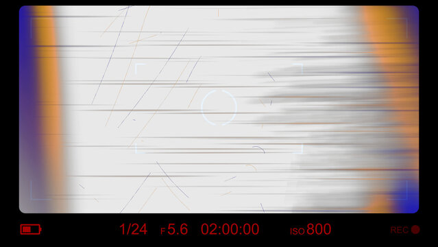Cinematic camera overlay with recording data, battery icon, lens settings, and distressed frame isolated for filmmaking, editing, and video production designs.