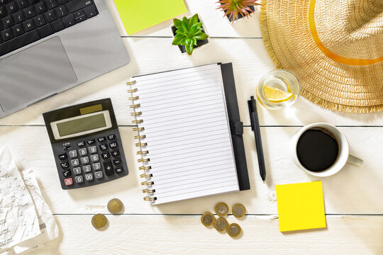 Summer travel budget planning flat lay concept