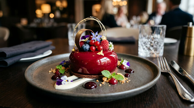 A beautifully presented dessert on a plate with red sauce and berries