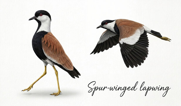 A 3D illustration of two spur-winged lapwings (Spur-winged Lapwing) on a white background, one walking and the other flying, both featuring their characteristic feather patterns.