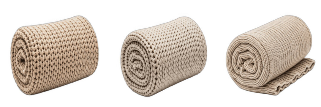 Rolled knitted blankets and beige soft cotton throws isolated on transparent background. Cozy warm wool plaid texture set, winter home textile bedding graphic asset, realistic waffle knit fabric decor