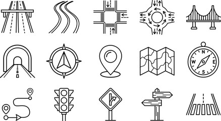 Set of navigation and road infrastructure icons, black line style vector © Pritam