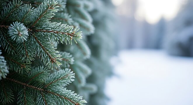 Snowy Evergreen Tree Branches Closeup Winter.