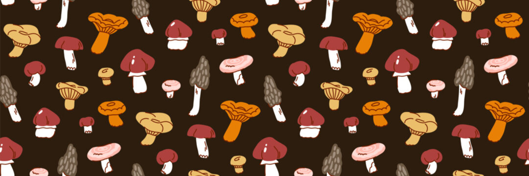 Seamless pattern with edible mushrooms on a dark brown background, autumn colors, harvest, russula, saffron milk caps, butter mushrooms, morels, milk mushrooms