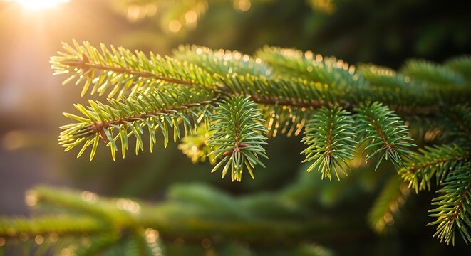 Evergreen Pine Tree Branch in Sunlight.