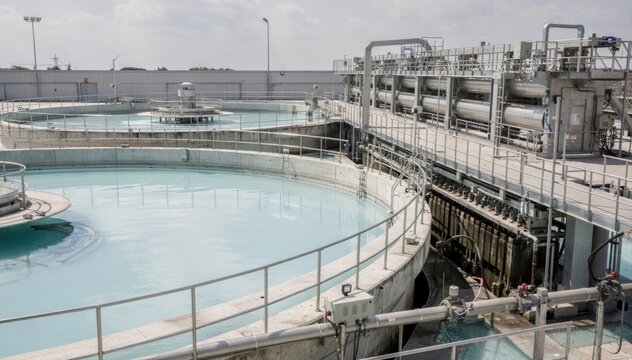 Medium shot focusing on the same treatment plants clarifiers and filters after dyehouse wastewater cleaning featuring clear water and efficient filtration mechanisms in action.