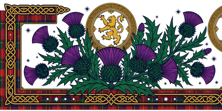 Ornate Scottish thistle bouquet with golden lion crest medallions, Celtic knotwork and red tartan border, detailed vector illustration celebrating Scotland national flower heritage