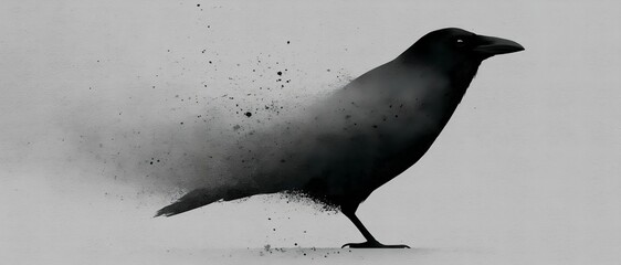 Obraz premium Silhouette of a crow disintegrating into floating particles