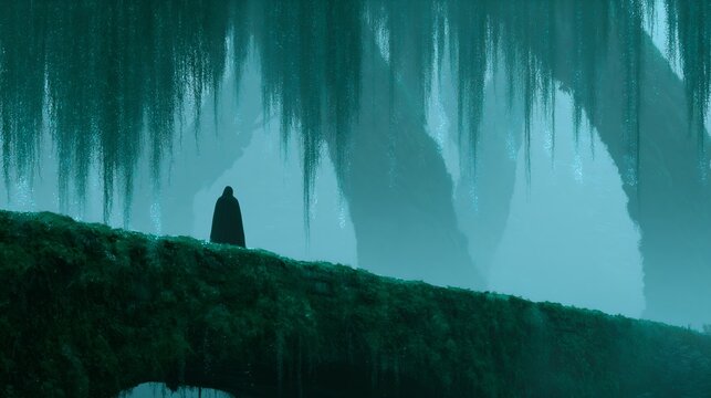 Mysterious lone figure in dim, misty forest cavern
