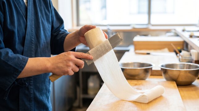 Japanese chef slicing daikon radish into a very thin continuous sheet