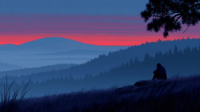 Person in silhouette on hilltop watching sunset over mountains