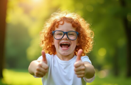 Joyful red haired kid with glasses gives two thumbs up. Child laughs happily outside in park. Youngster expresses positive emotion and approval during sunny day.