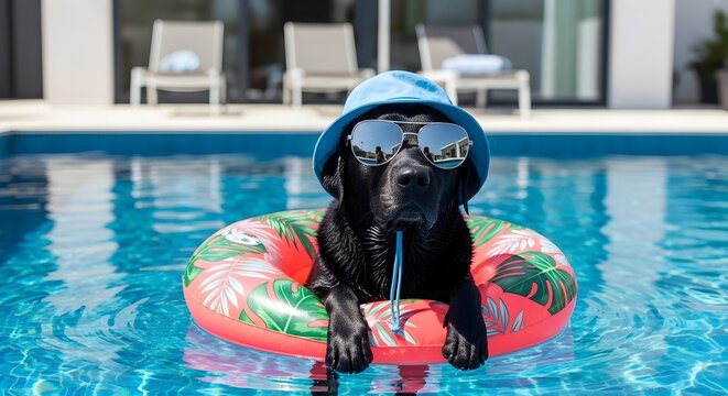 A cool black labrador dog wearing a blue bucket hat and sunglasses inside a pool float
